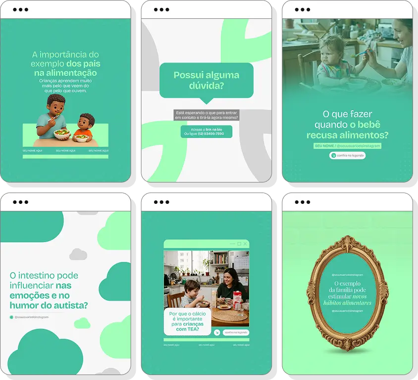 Social media nutrição para autismo com pack de posts para Instagram de alimentação e autismo