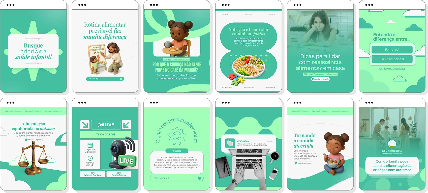 Social media para nutrição para autismo com pack de posts editáveis no Canva para Instagram profissional