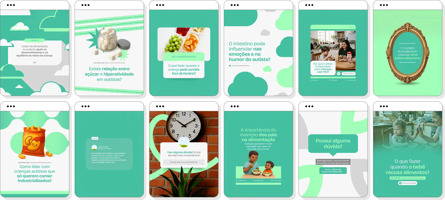 Pack Canva nutrição para autismo com posts para Instagram de alimentação equilibrada e autismo