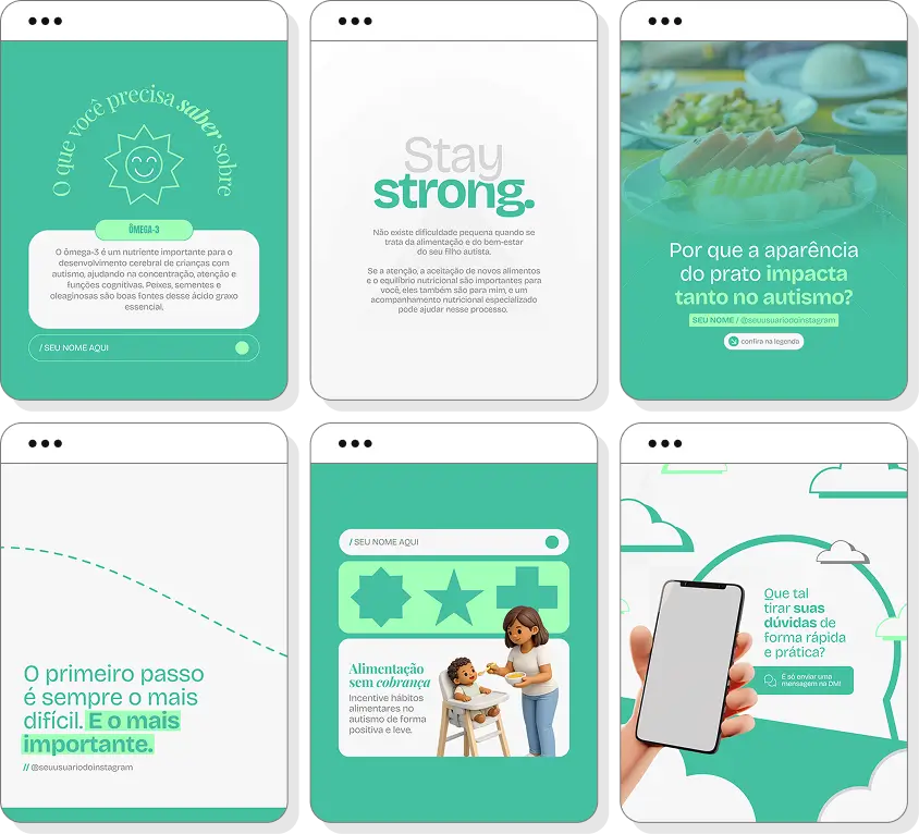 Pack social media nutrição para autismo com conteúdos para Instagram de alimentação e desenvolvimento