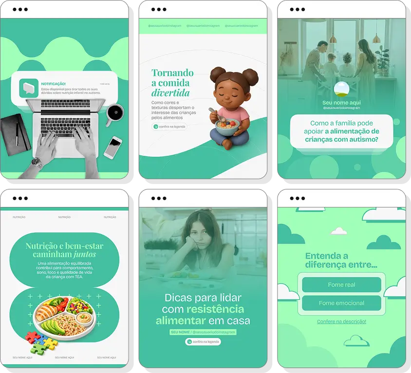 Pack de posts editáveis nutrição para autismo com foco em hábitos alimentares e desenvolvimento infantil