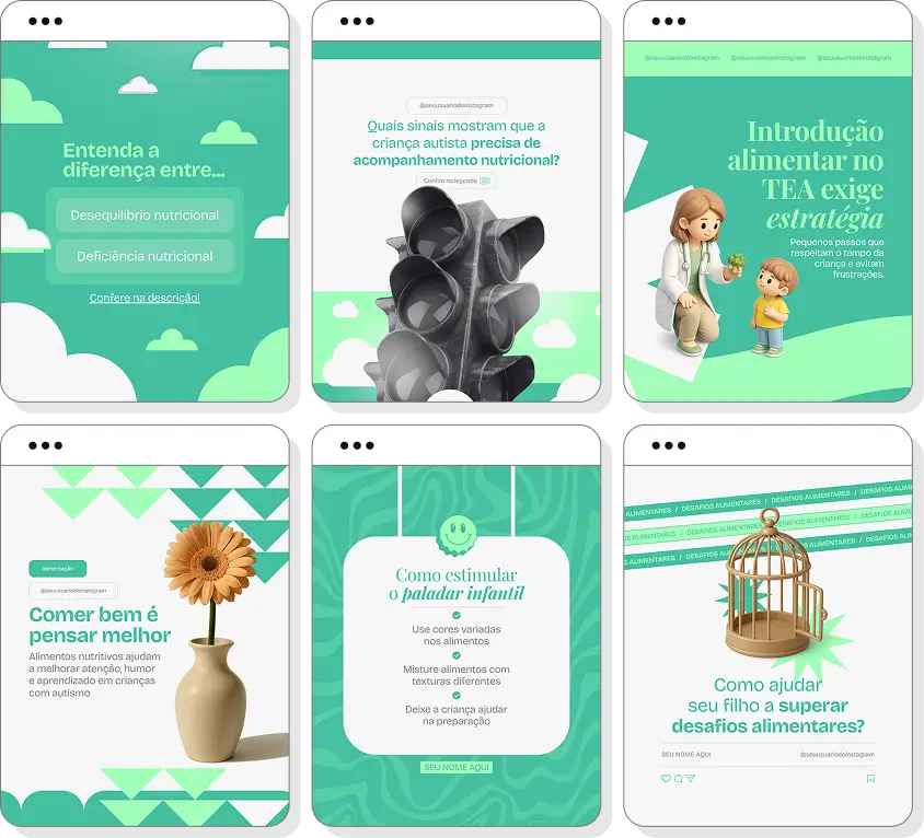 Pack Canva nutrição para autismo com ideias de posts para perfil de Instagram sobre seletividade alimentar