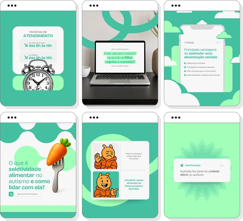 Pack de posts para Instagram nutrição para autismo com artes editáveis sobre nutrição e autismo