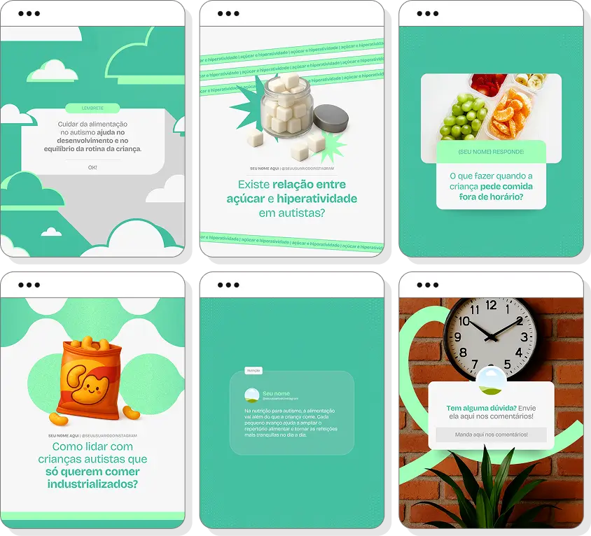 Pack Canva nutrição para autismo com posts para Instagram de seletividade alimentar infantil