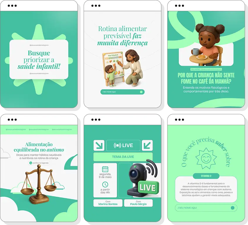 Posts para perfil de nutrição para autismo no Instagram com templates Canva sobre alimentação infantil