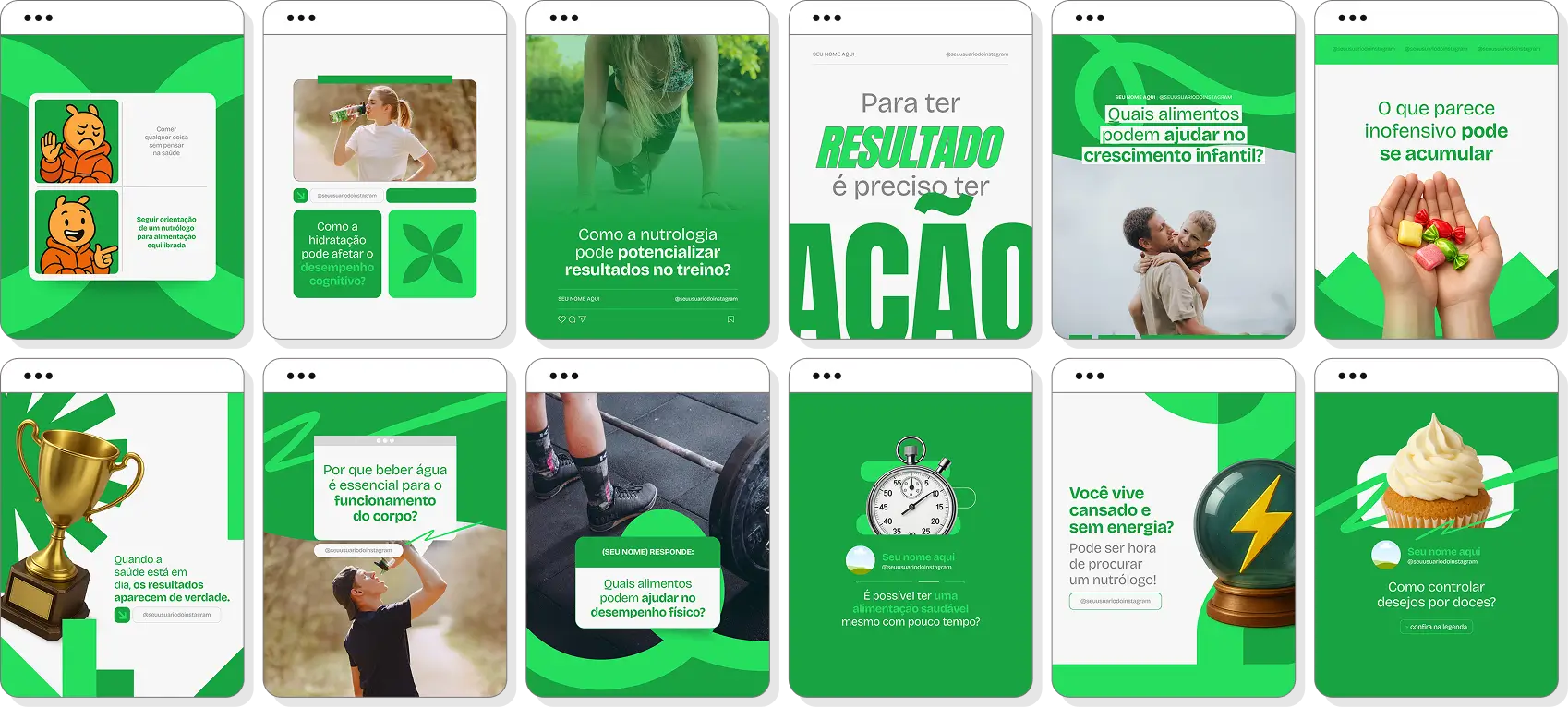 Pack de nutrologia com conteúdos editáveis para Instagram de saúde e nutrição
