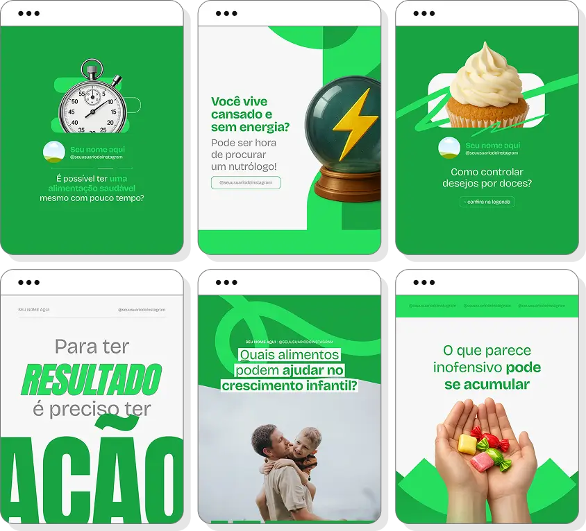 Pack de posts para nutrologia com templates no Canva para Instagram sobre saúde, nutrição e qualidade de vida