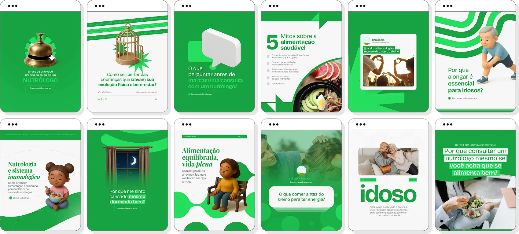 Social media para nutrologia com pack de posts editáveis no Canva para Instagram profissional