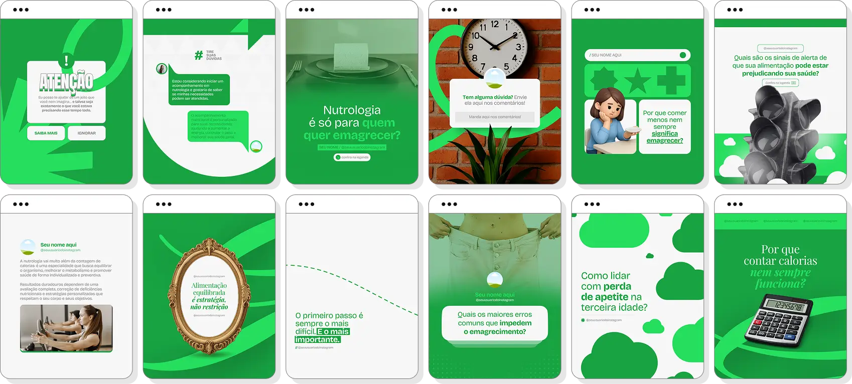 Pack Canva nutrologia com posts para Instagram de saúde metabólica e alimentação equilibrada