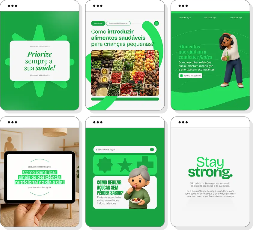 Pack de posts para Instagram nutrologia com artes editáveis sobre nutrição e qualidade de vida