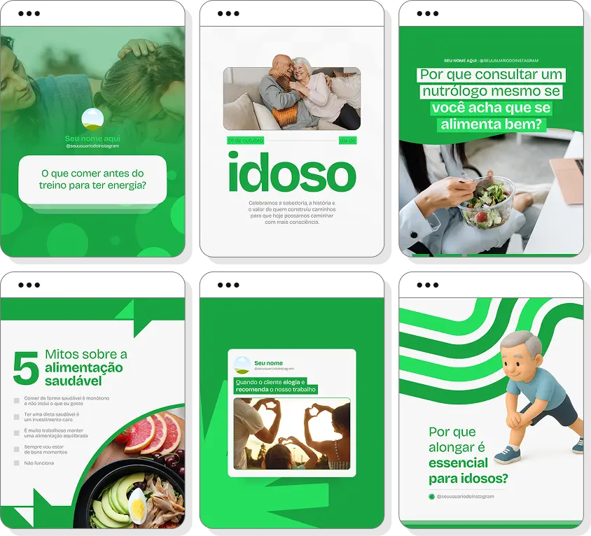 Pack de posts editáveis nutrologia com foco em saúde nutricional e qualidade de vida