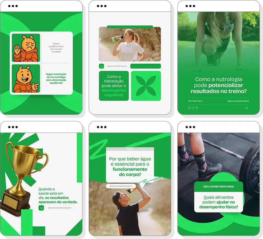 Pack Canva nutrologia com ideias de posts para perfil de Instagram sobre nutrologia e bem-estar