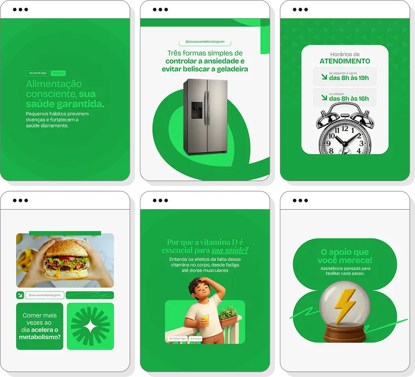 Pack social media nutrologia com conteúdos para Instagram de alimentação equilibrada e saúde