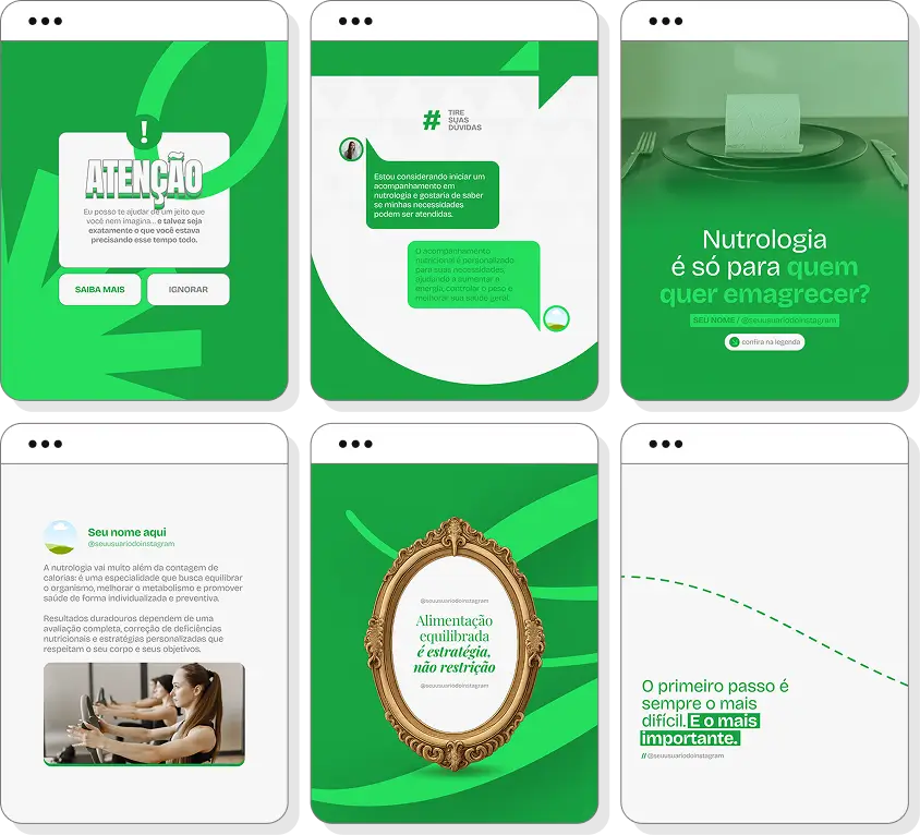 Pack Canva nutrologia com posts para Instagram de hábitos alimentares e bem-estar