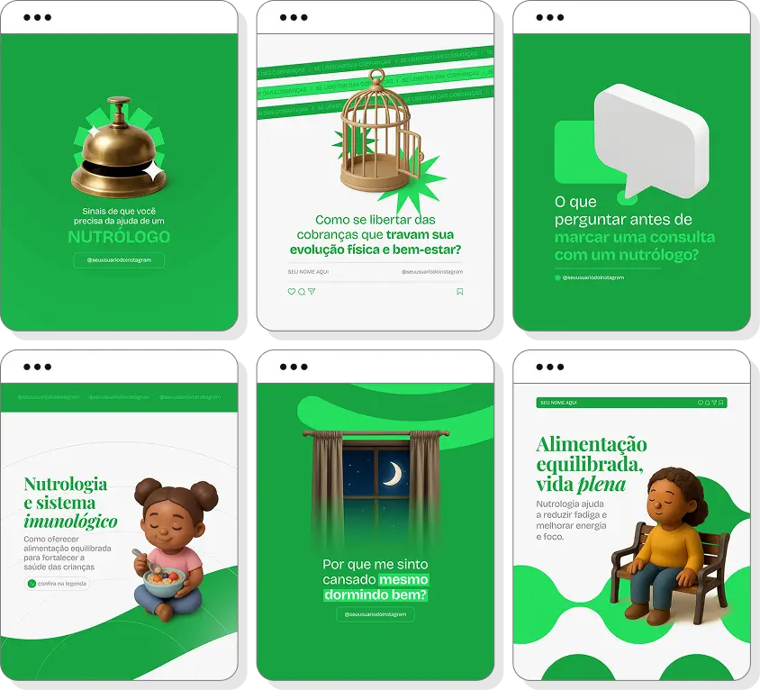 Posts para perfil de nutrologia no Instagram com templates Canva sobre saúde e hábitos saudáveis
