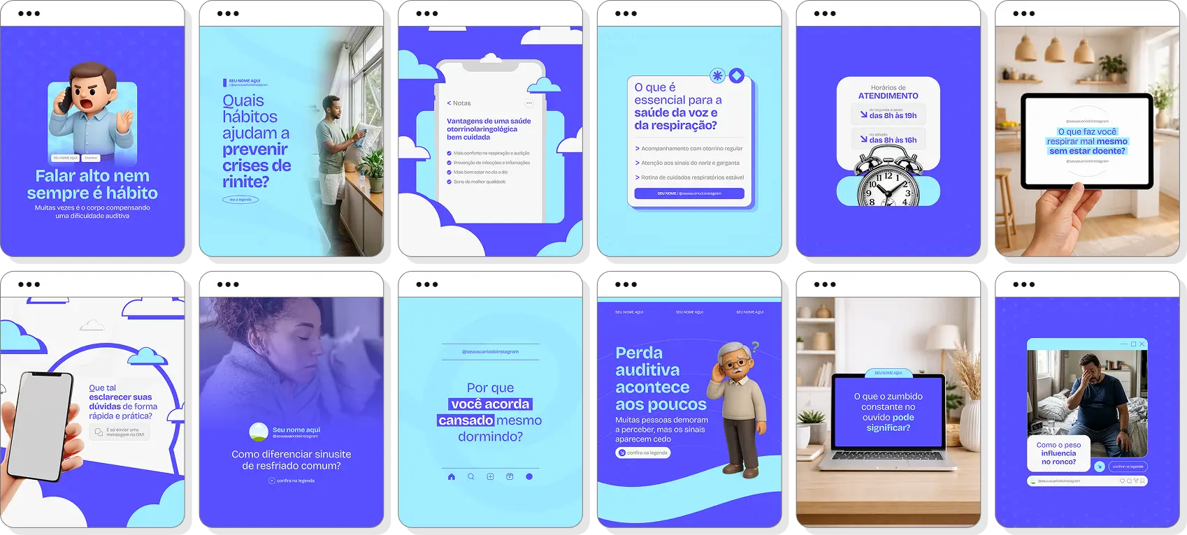 Pack de otorrinolaringologia com conteúdos editáveis para Instagram de ouvido, nariz e garganta