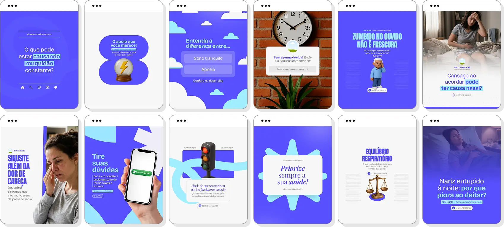 Social media para otorrinolaringologia com pack de posts editáveis no Canva para Instagram profissional