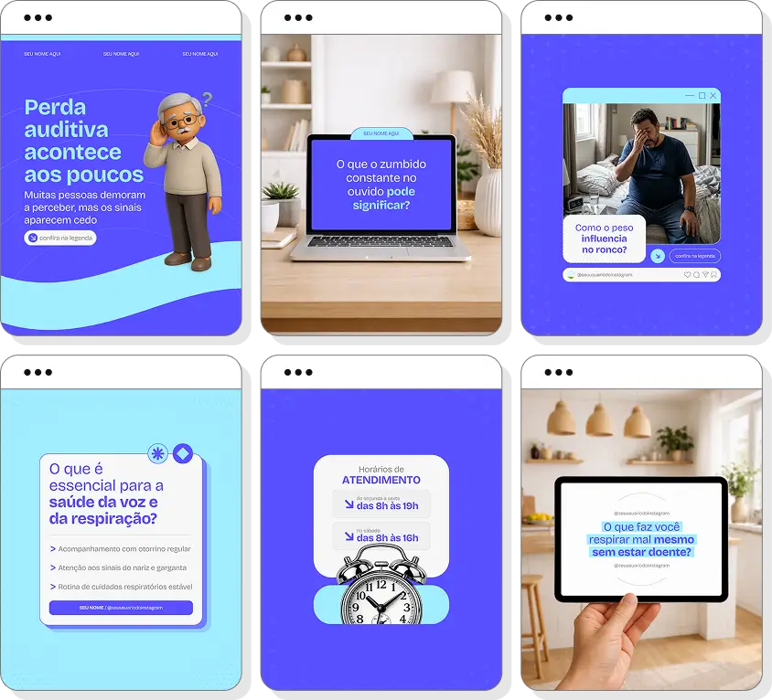 Social media otorrinolaringologia com pack de posts para Instagram de saúde auditiva e respiratória