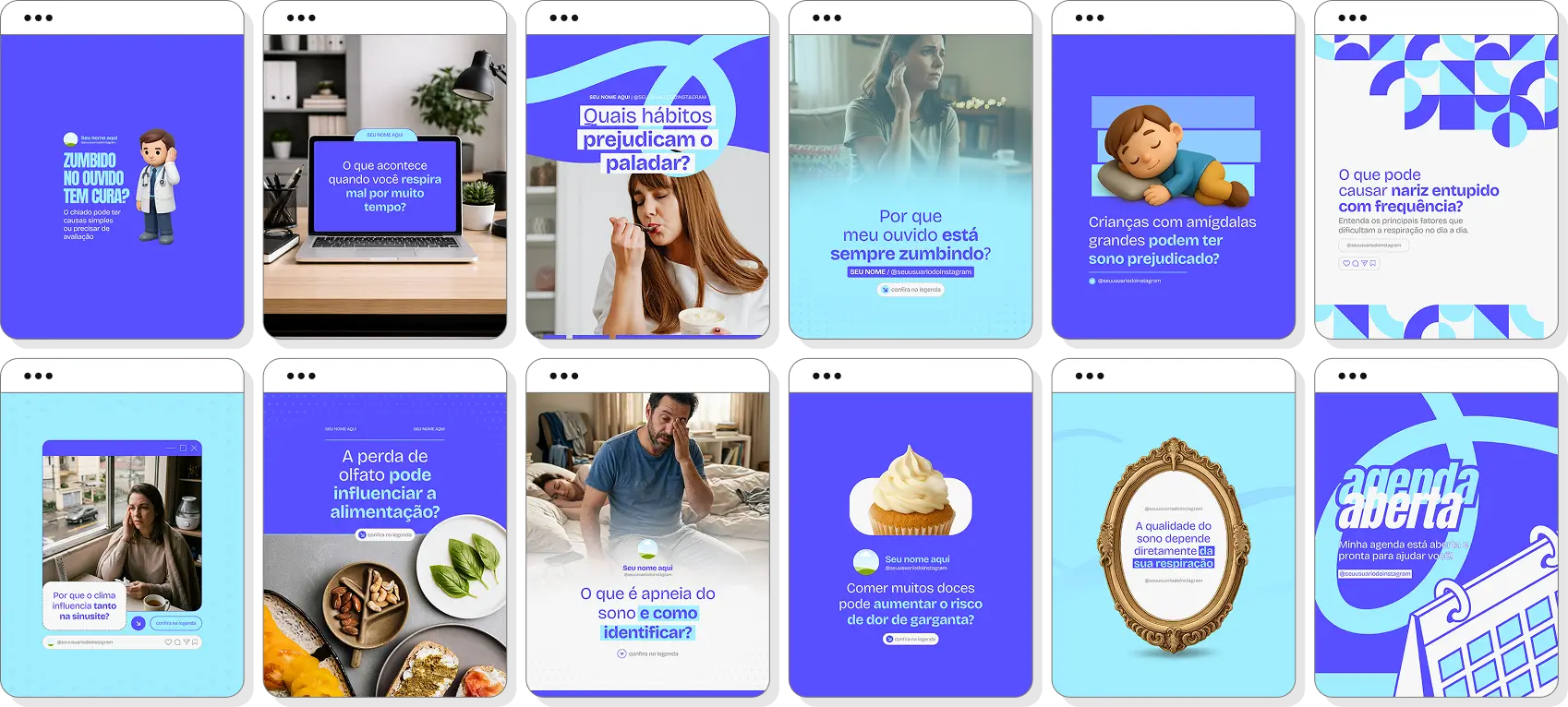 Pack de posts editáveis otorrinolaringologia com Instagram de saúde auditiva e respiratória