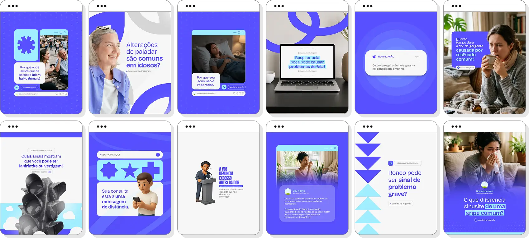 Pack Canva otorrinolaringologia com posts para Instagram de respiração saudável e audição