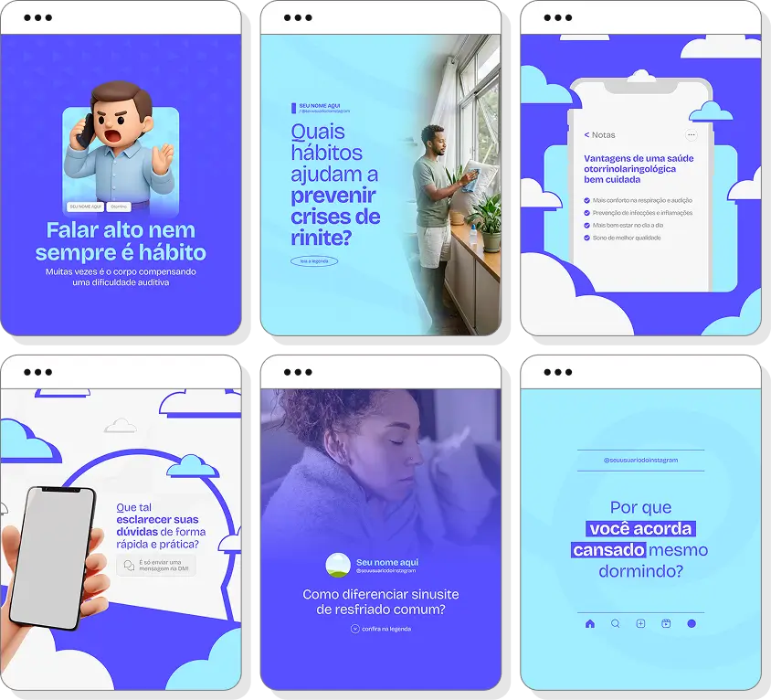 Pack de posts editáveis otorrinolaringologia com foco em ouvido, nariz, garganta e qualidade de vida