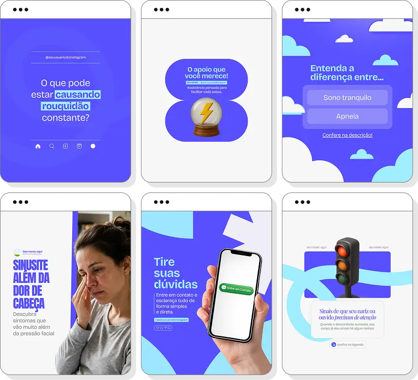 Pack Canva otorrinolaringologia com ideias de posts para perfil de Instagram sobre audição e respiração