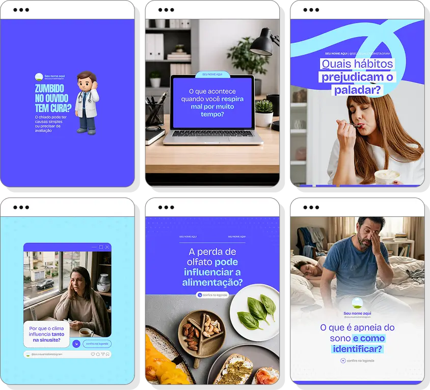 Pack Canva otorrinolaringologia com posts para Instagram de saúde respiratória e auditiva