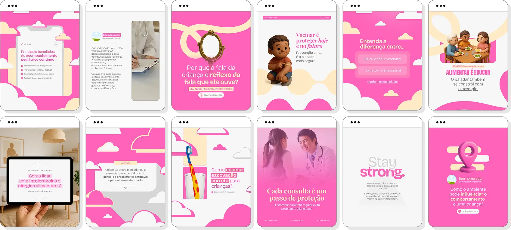 Pack de pediatria com conteúdos editáveis para Instagram de saúde infantil e bem-estar das crianças