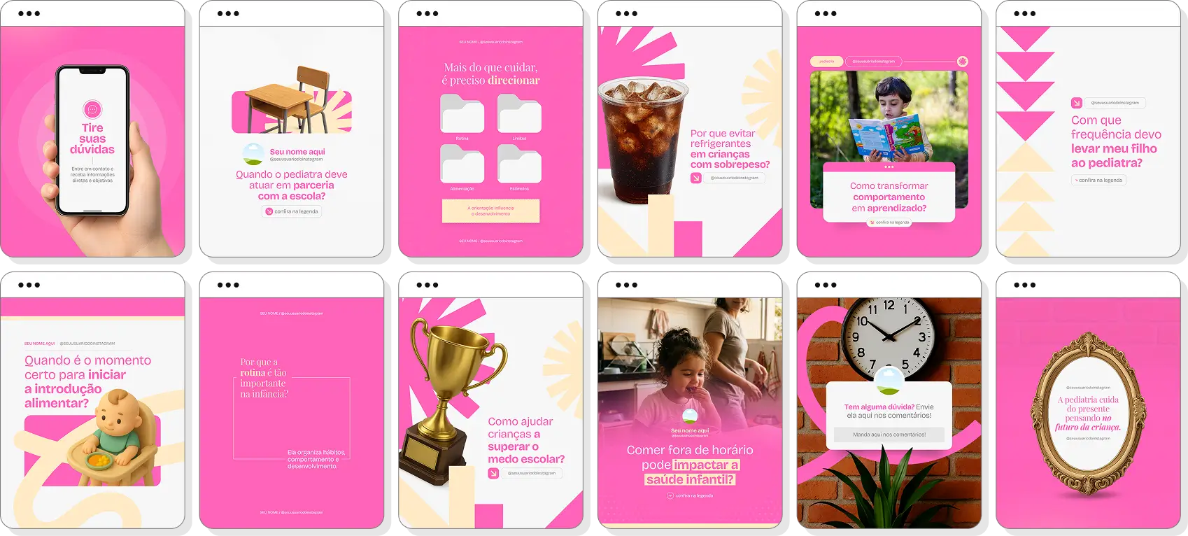 Pack de posts para pediatria com ideias de conteúdo para Instagram de crescimento e infância saudável