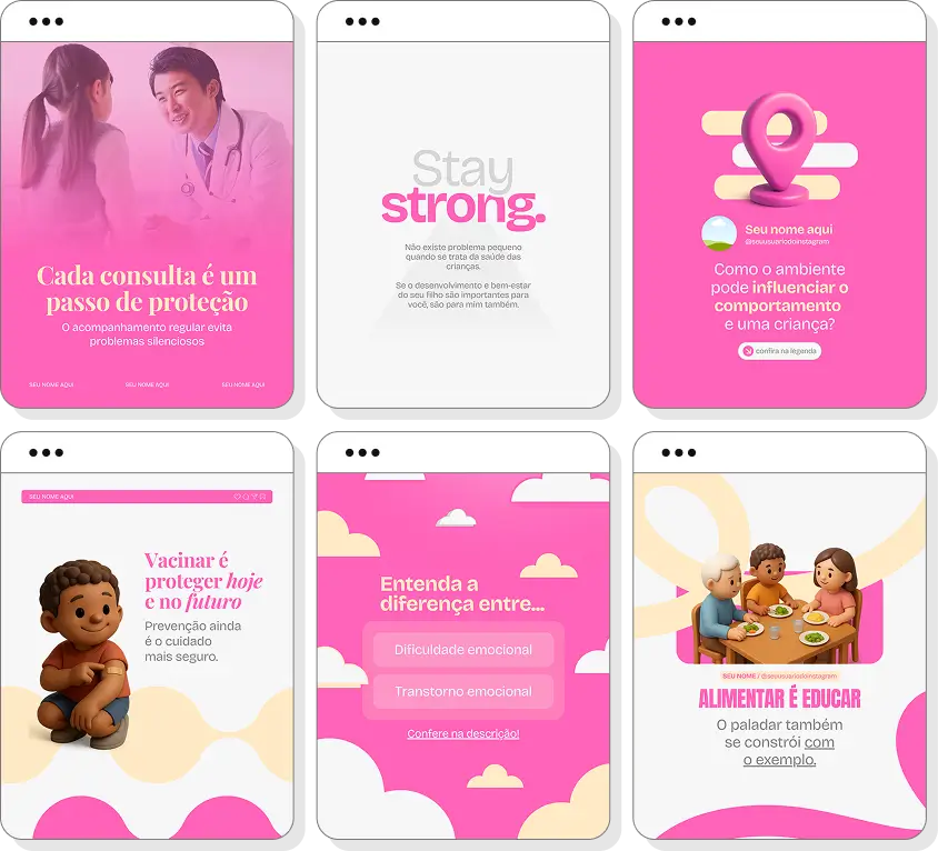 Pack de posts editáveis pediatria com foco em desenvolvimento infantil e cuidados com as crianças
