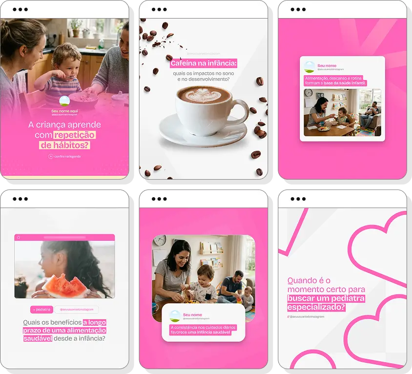 Social media pediatria com pack de posts para Instagram de saúde infantil e orientação para famílias