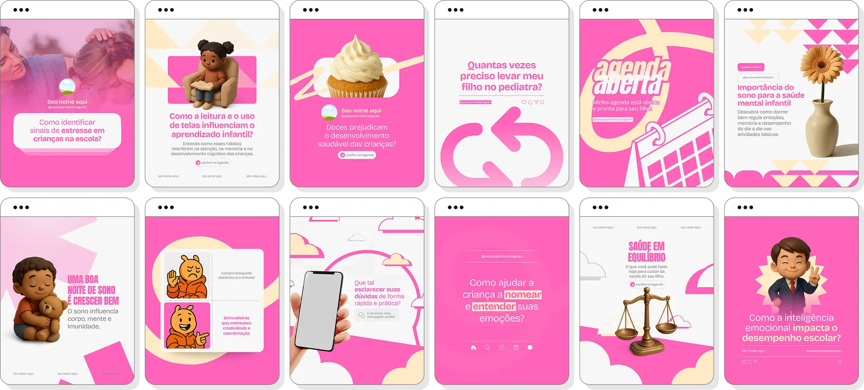 Pack social media pediatria com templates para Instagram de saúde infantil e orientação familiar