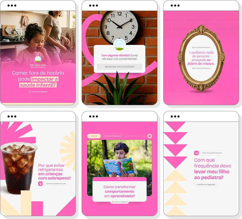 Posts para perfil de pediatria no Instagram com templates Canva sobre cuidados e desenvolvimento infantil