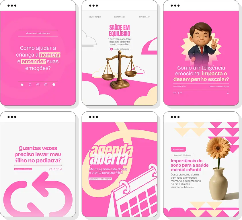 Pack de posts para Instagram pediatria com artes editáveis sobre saúde das crianças e prevenção