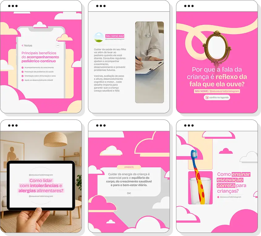 Pack social media pediatria com conteúdos para Instagram de crescimento e desenvolvimento infantil
