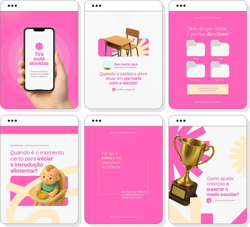 Pack de posts editáveis pediatria com Instagram de cuidados pediátricos e desenvolvimento saudável