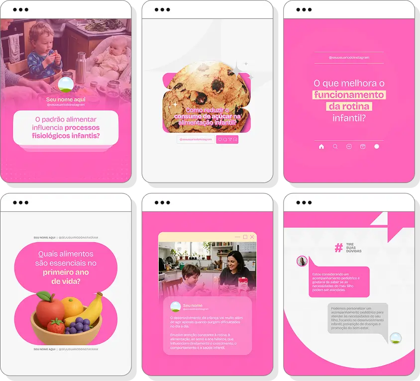 Pack Canva pediatria com posts para Instagram de acompanhamento infantil e saúde das crianças