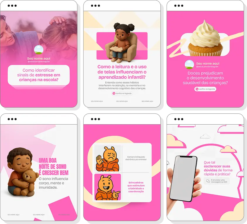 Ideias de post para pediatria com pack de conteúdo para Instagram sobre infância e saúde infantil