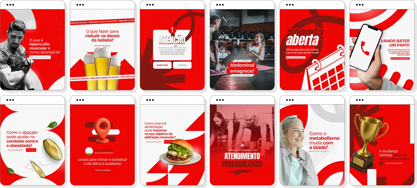 Social media personal trainer com pack de posts para Instagram de treino e hábitos saudáveis