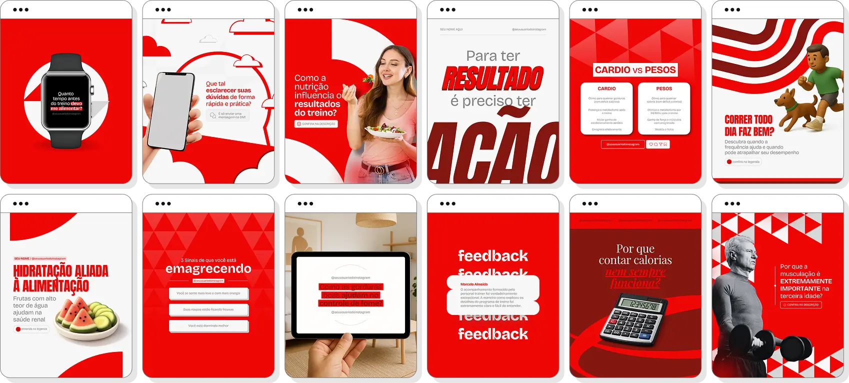 Pack social media personal trainer com conteúdos para Instagram de saúde, treino e performance