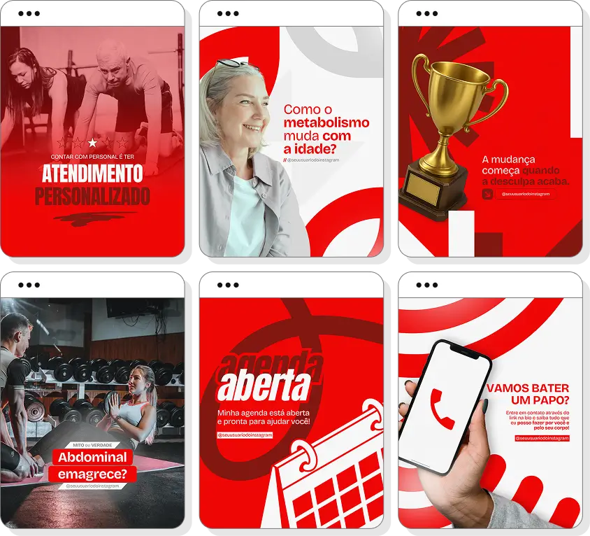 Pack de posts para personal trainer com templates no Canva para Instagram sobre treino, saúde e resultados físicos