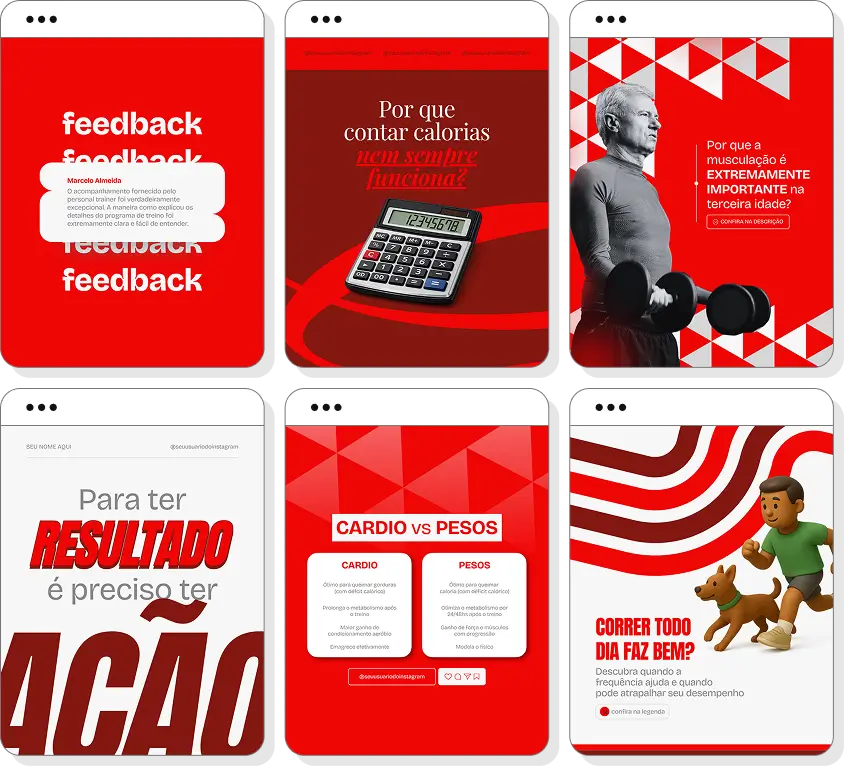 Pack Canva personal trainer com posts editáveis para Instagram de exercícios, condicionamento e performance