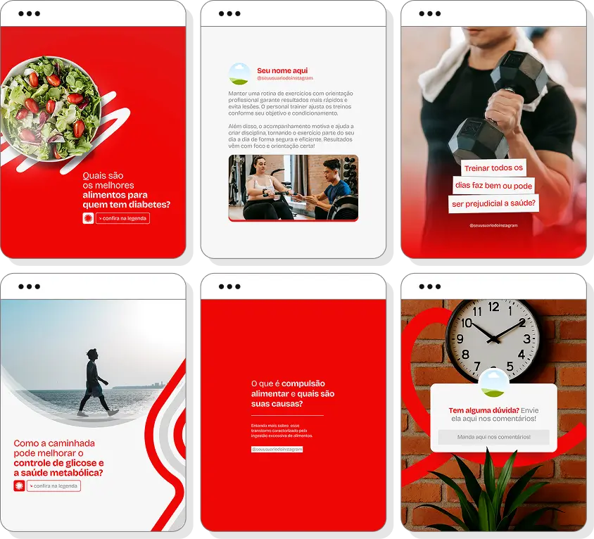 Posts para perfil de personal trainer no Instagram com templates Canva sobre treino e bem-estar