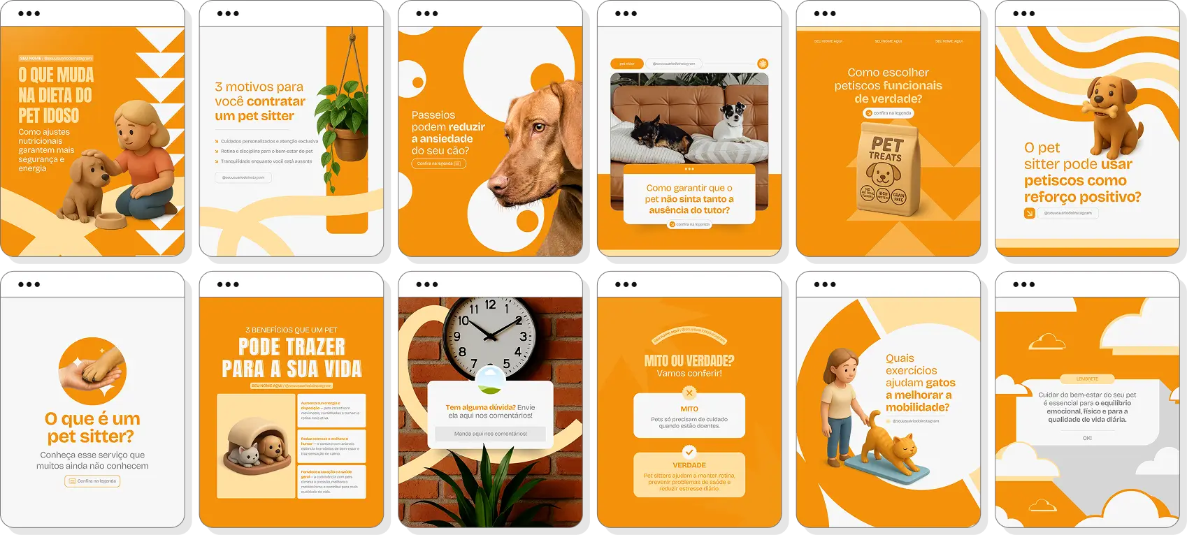 Social media para pet sitter com pack de posts editáveis no Canva para Instagram profissional