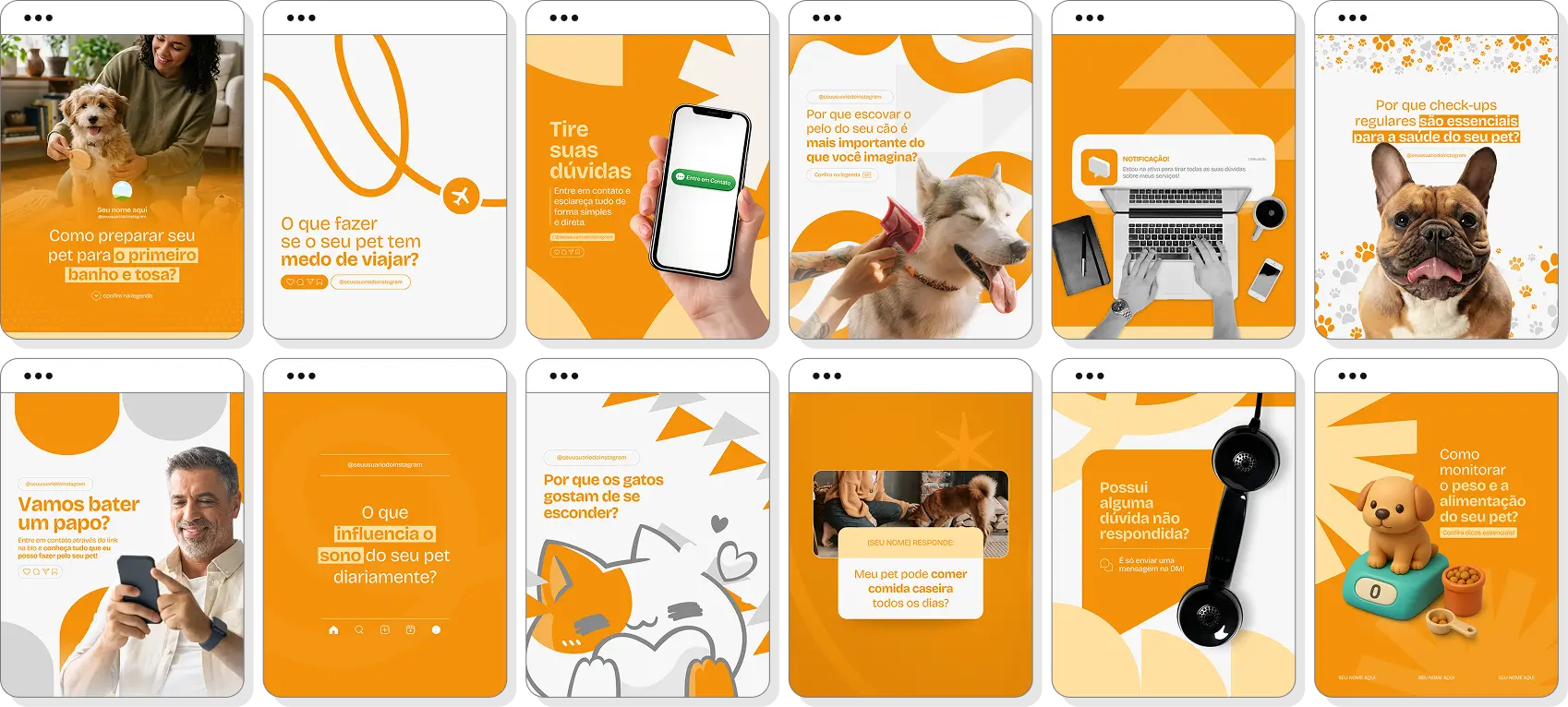 Pack de posts para pet sitter com ideias de conteúdo para Instagram de cães e gatos