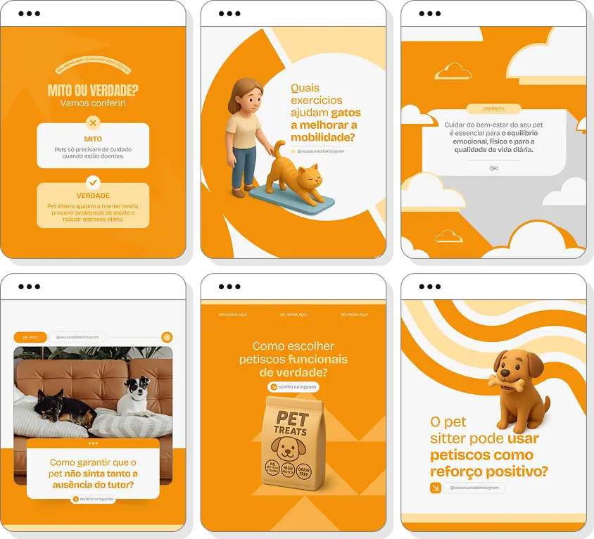 Social media pet sitter com pack de posts para Instagram de bem-estar animal e cuidados pet