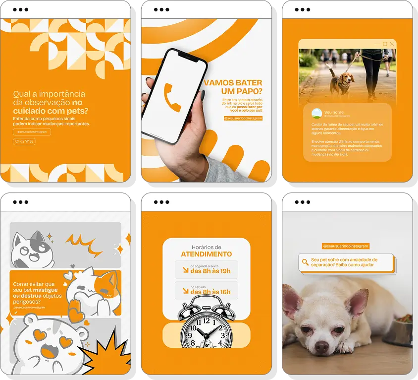 Pack de posts editáveis pet sitter com foco em cuidados personalizados e rotina dos pets