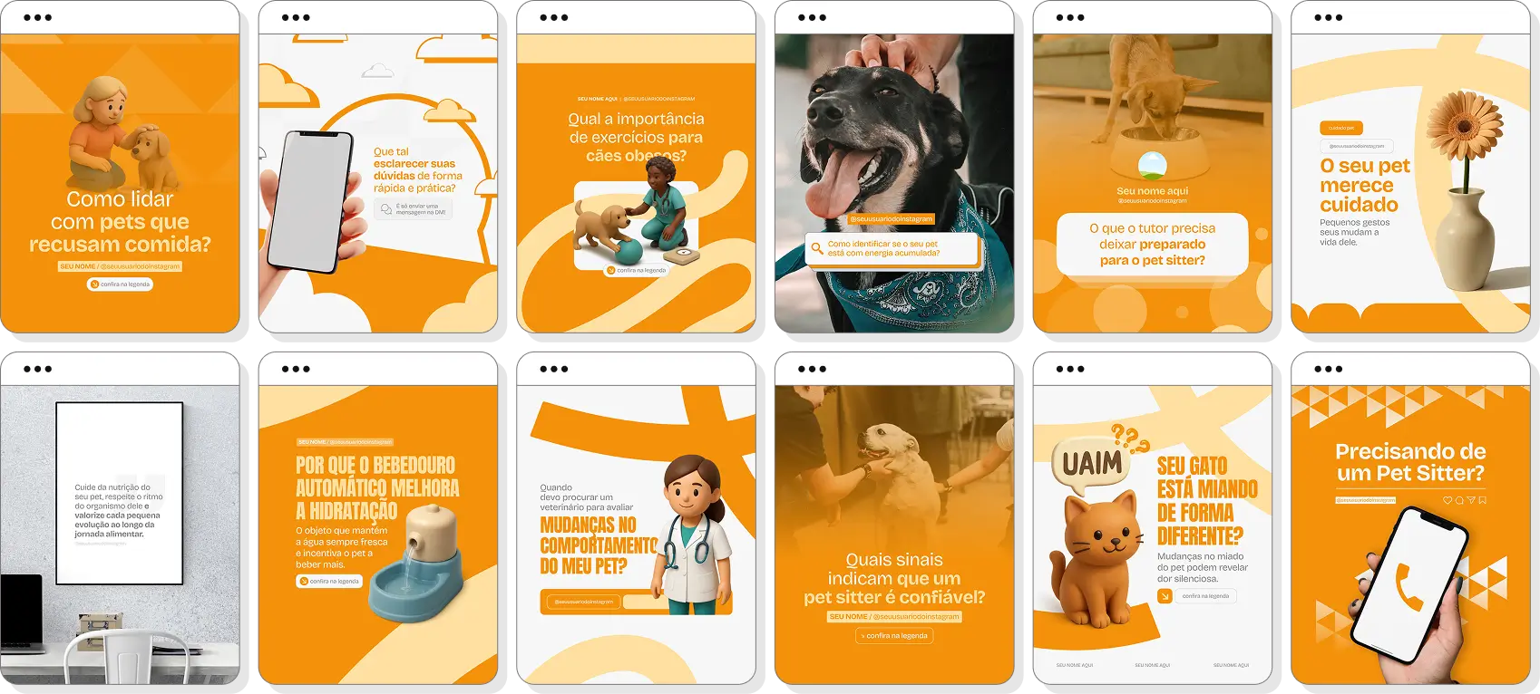 Pack social media pet sitter com templates para Instagram de cuidados personalizados para pets
