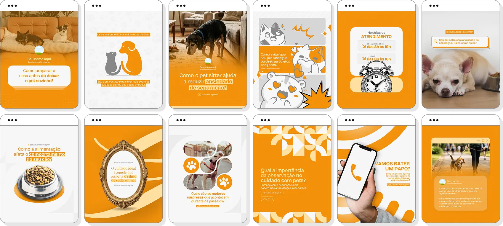 Posts para Instagram pet sitter com pack de templates Canva para divulgação de serviços pet