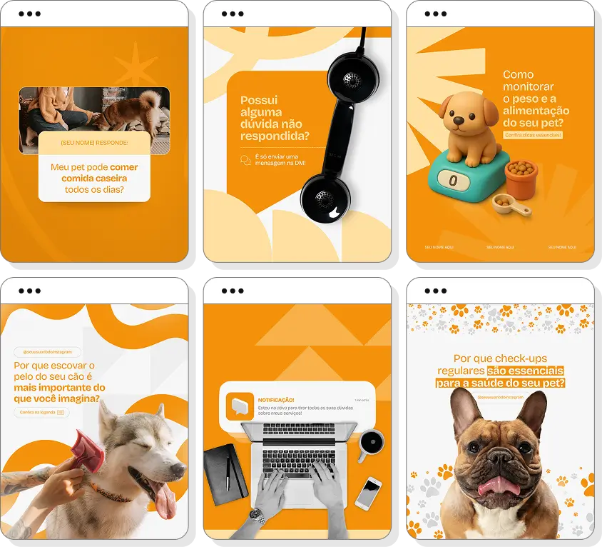 Posts para perfil de pet sitter no Instagram com templates Canva sobre rotina e cuidados com pets